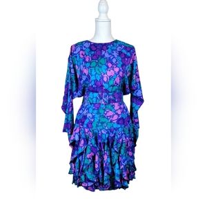 Gillian Vintage Silk Floral Abstract Dress with Matching Belt Size 6 Mer…